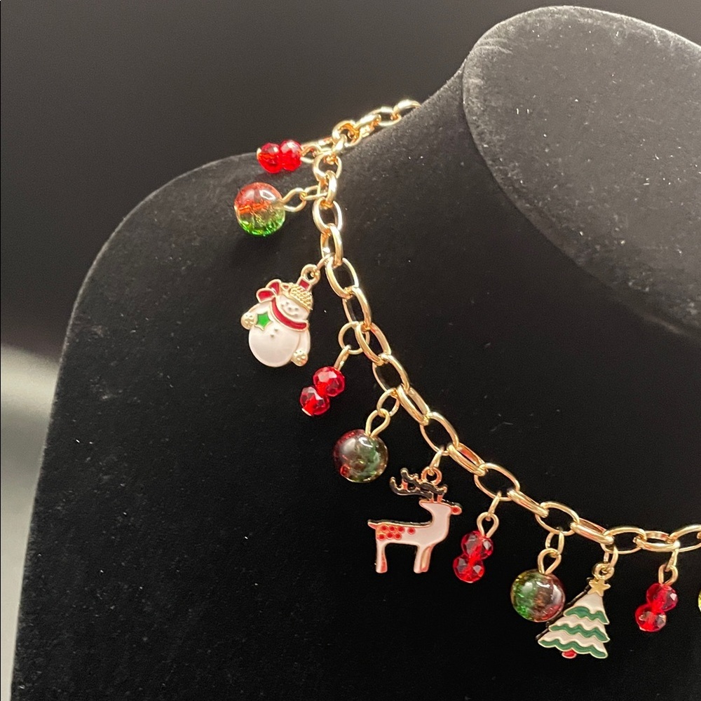 Christmas Charm Necklace with Red and Green Beads - 14.5”-17.5” - Picture 3 of 5